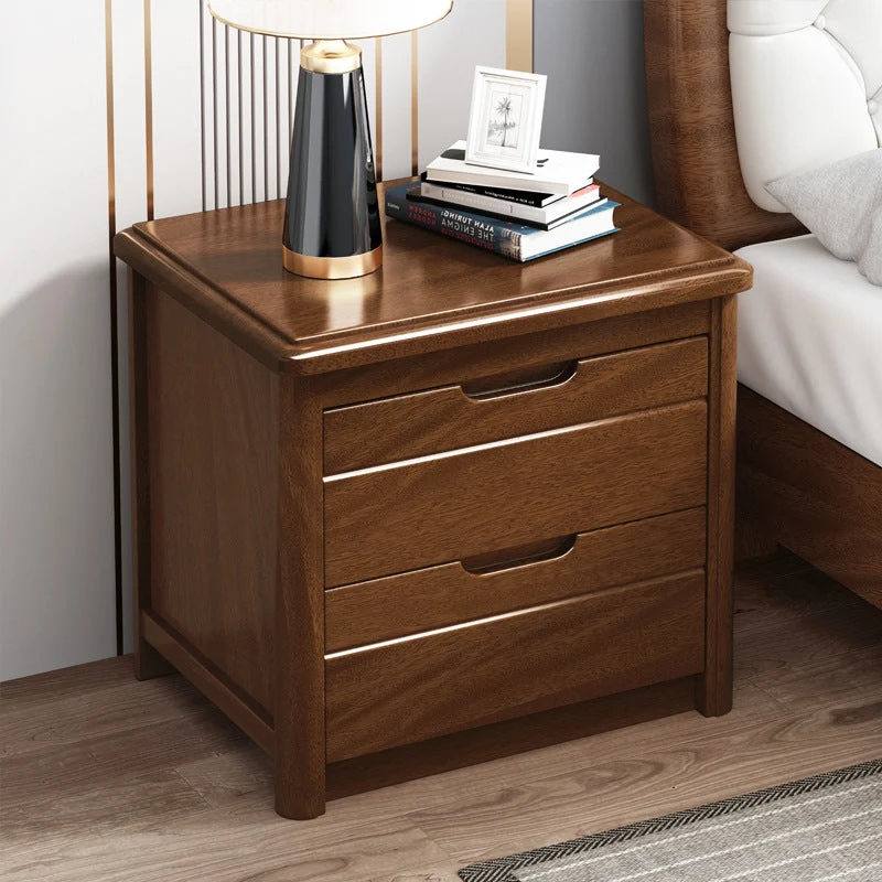 Traditional Vintage Rectangular Walnut Wood Solid Wood Plywood Pine Wood Nightstand 2-Drawer For Bedroom