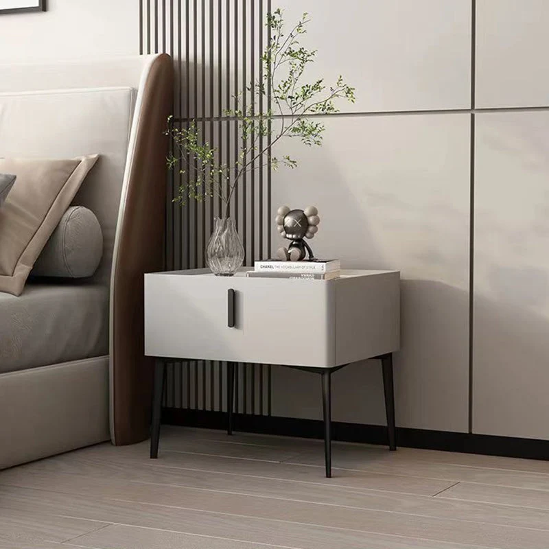 Contemporary Scandinavian Rectangular Rock Slab MDF Cat Scratch‑Resistant Leather Carbon Steel Nightstand 1-Drawer Mobile Phone Wireless Charging For Bedside