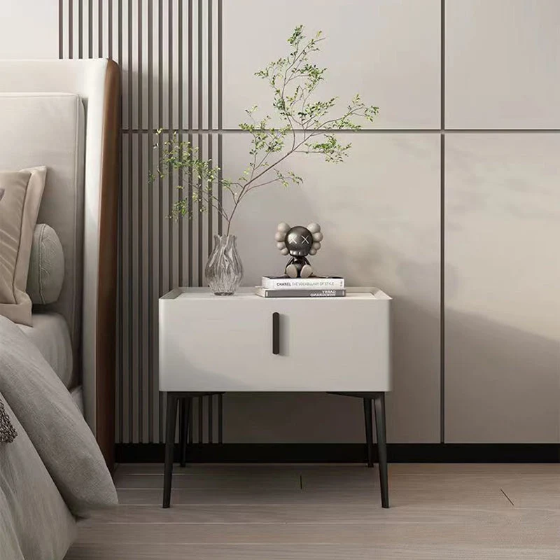 Contemporary Scandinavian Rectangular Rock Slab MDF Cat Scratch‑Resistant Leather Carbon Steel Nightstand 1-Drawer Mobile Phone Wireless Charging For Bedside