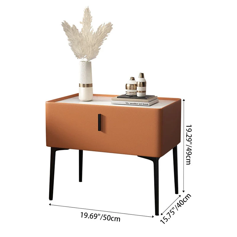 Contemporary Scandinavian Rectangular Rock Slab MDF Cat Scratch‑Resistant Leather Carbon Steel Nightstand 1-Drawer Mobile Phone Wireless Charging For Bedside