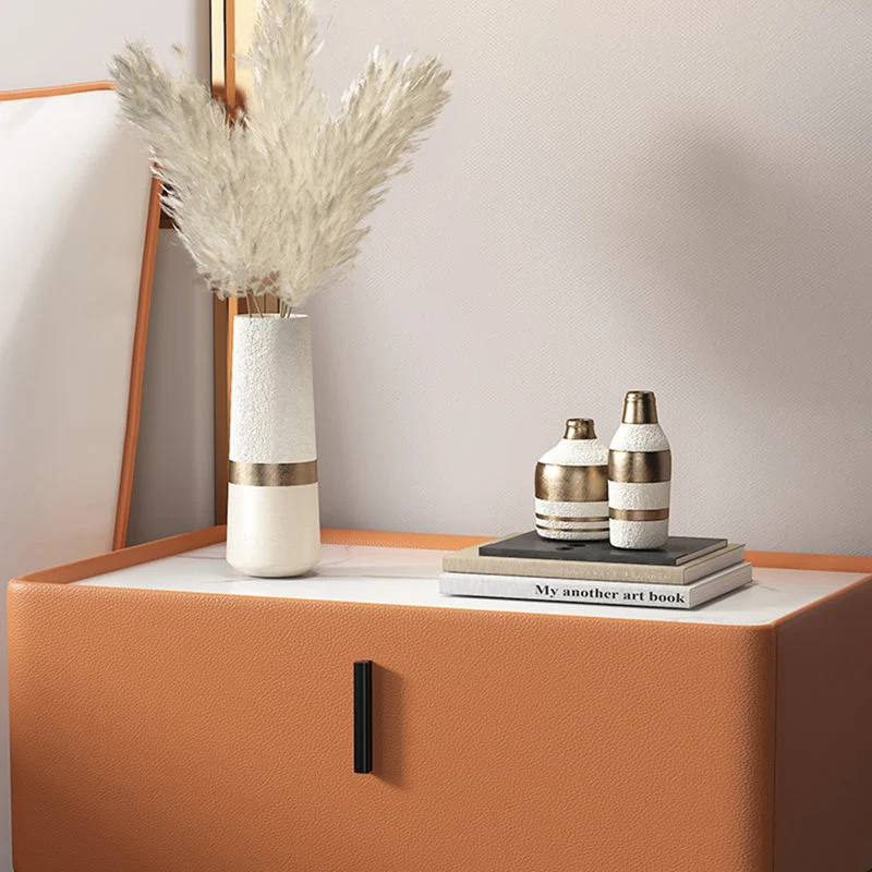 Contemporary Scandinavian Rectangular Rock Slab MDF Cat Scratch‑Resistant Leather Carbon Steel Nightstand 1-Drawer Mobile Phone Wireless Charging For Bedside