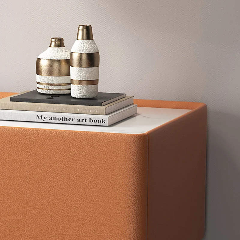 Contemporary Scandinavian Rectangular Rock Slab MDF Cat Scratch‑Resistant Leather Carbon Steel Nightstand 1-Drawer Mobile Phone Wireless Charging For Bedside