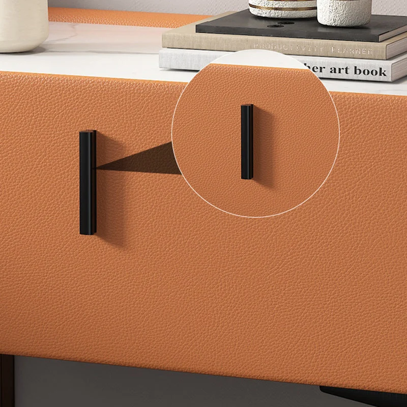 Contemporary Scandinavian Rectangular Rock Slab MDF Cat Scratch‑Resistant Leather Carbon Steel Nightstand 1-Drawer Mobile Phone Wireless Charging For Bedside