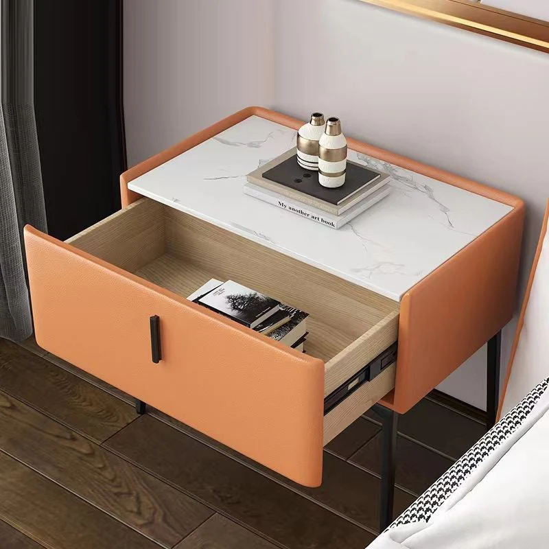 Contemporary Scandinavian Rectangular Rock Slab MDF Cat Scratch‑Resistant Leather Carbon Steel Nightstand 1-Drawer Mobile Phone Wireless Charging For Bedside