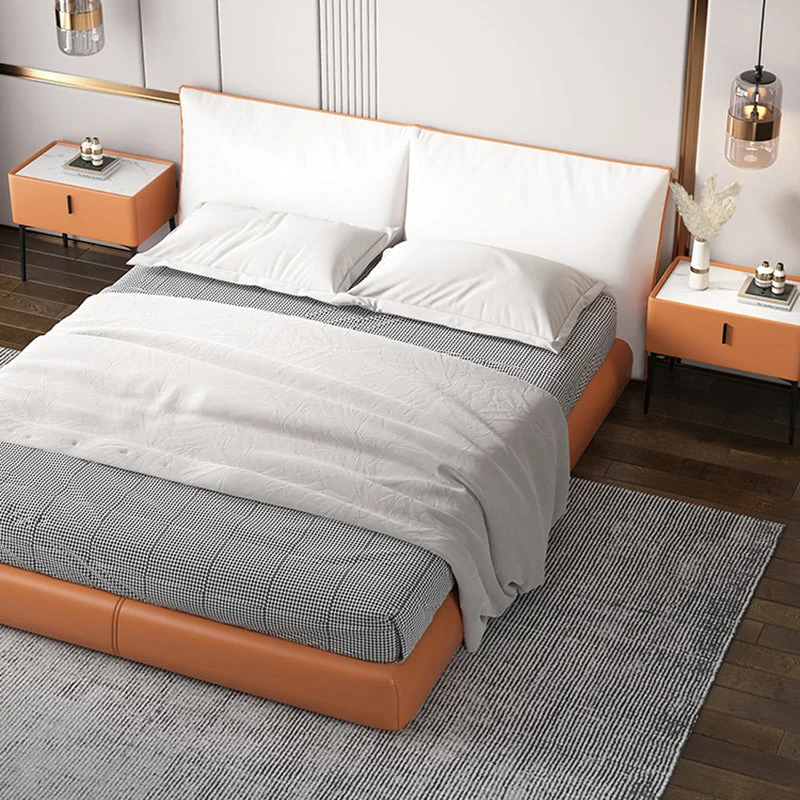 Contemporary Scandinavian Rectangular Rock Slab MDF Cat Scratch‑Resistant Leather Carbon Steel Nightstand 1-Drawer Mobile Phone Wireless Charging For Bedside