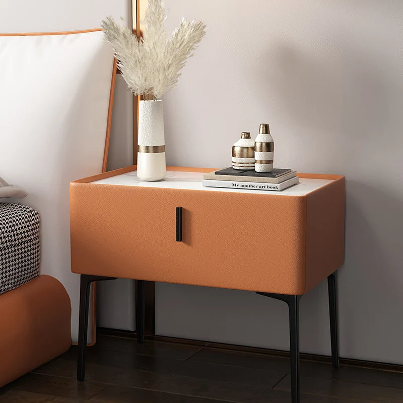 Contemporary Scandinavian Rectangular Rock Slab MDF Cat Scratch‑Resistant Leather Carbon Steel Nightstand 1-Drawer Mobile Phone Wireless Charging For Bedside