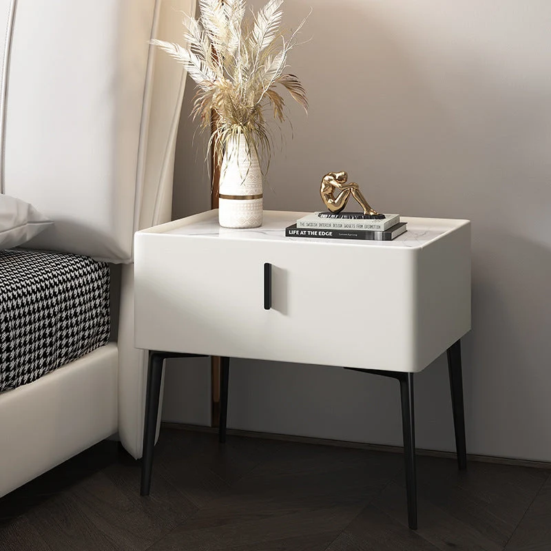 Contemporary Scandinavian Rectangular Rock Slab MDF Cat Scratch‑Resistant Leather Carbon Steel Nightstand 1-Drawer Mobile Phone Wireless Charging For Bedside