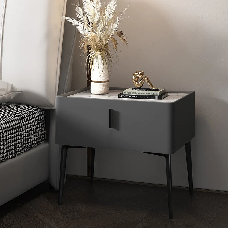 Contemporary Scandinavian Rectangular Rock Slab MDF Cat Scratch‑Resistant Leather Carbon Steel Nightstand 1-Drawer Mobile Phone Wireless Charging For Bedside
