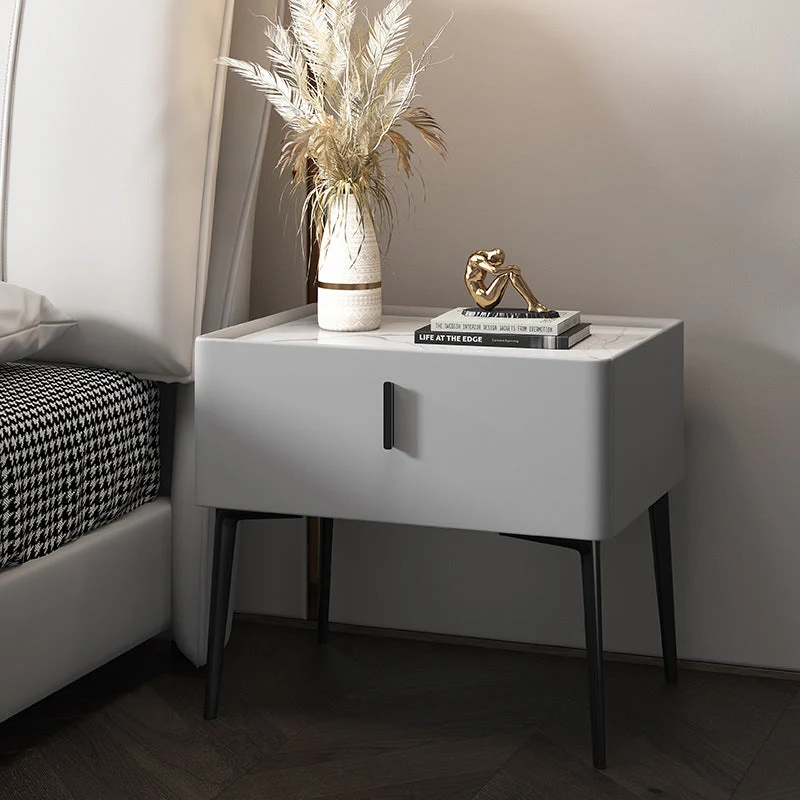 Contemporary Scandinavian Rectangular Rock Slab MDF Cat Scratch‑Resistant Leather Carbon Steel Nightstand 1-Drawer Mobile Phone Wireless Charging For Bedside