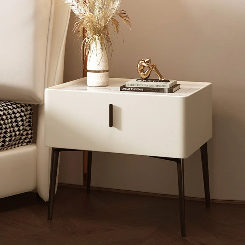 Contemporary Scandinavian Rectangular Rock Slab MDF Cat Scratch‑Resistant Leather Carbon Steel Nightstand 1-Drawer Mobile Phone Wireless Charging For Bedside