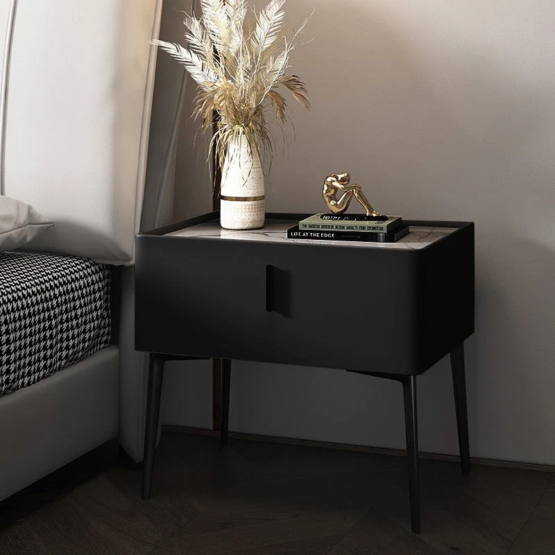 Contemporary Scandinavian Rectangular Rock Slab MDF Cat Scratch‑Resistant Leather Carbon Steel Nightstand 1-Drawer Mobile Phone Wireless Charging For Bedside