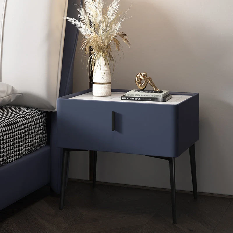 Contemporary Scandinavian Rectangular Rock Slab MDF Cat Scratch‑Resistant Leather Carbon Steel Nightstand 1-Drawer Mobile Phone Wireless Charging For Bedside