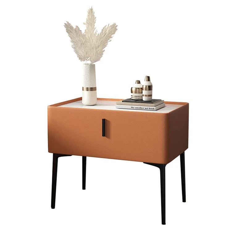 Contemporary Scandinavian Rectangular Rock Slab MDF Cat Scratch‑Resistant Leather Carbon Steel Nightstand 1-Drawer Mobile Phone Wireless Charging For Bedside
