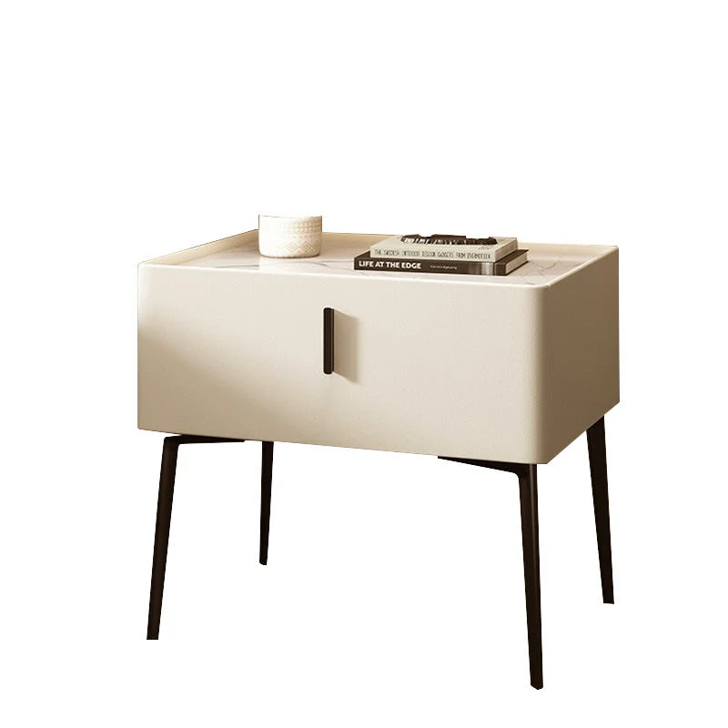 Contemporary Scandinavian Rectangular Rock Slab MDF Cat Scratch‑Resistant Leather Carbon Steel Nightstand 1-Drawer Mobile Phone Wireless Charging For Bedside