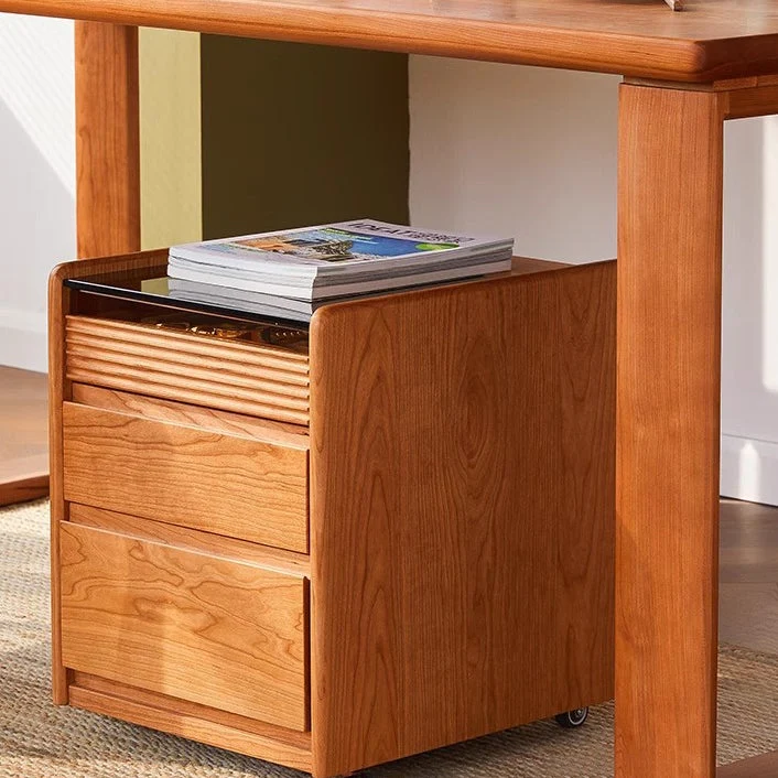 Traditional Vintage Square Glass Top Cherry Wood Frame End Table 3-Drawer For Living Room