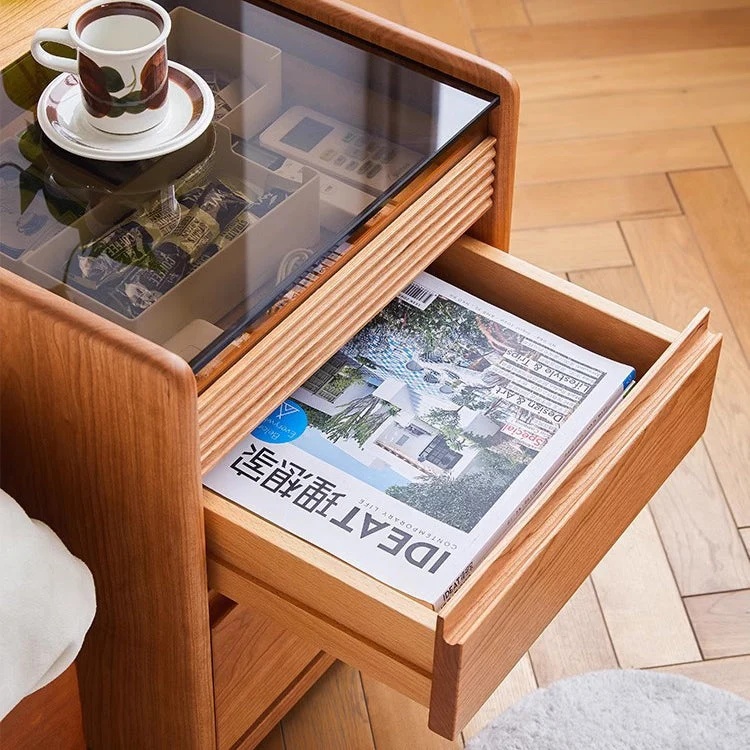 Traditional Vintage Square Glass Top Cherry Wood Frame End Table 3-Drawer For Living Room