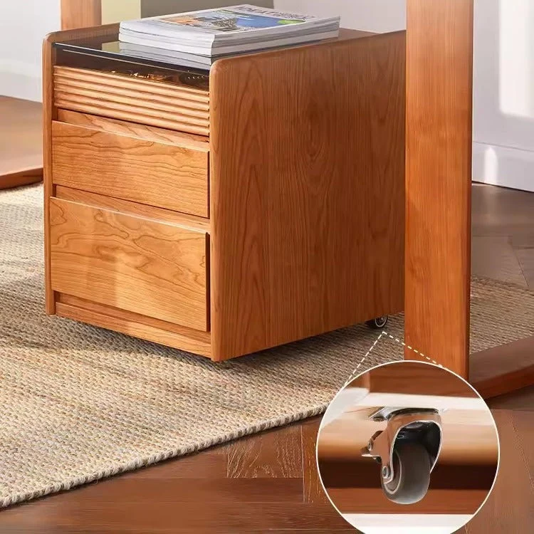 Traditional Vintage Square Glass Top Cherry Wood Frame End Table 3-Drawer For Living Room