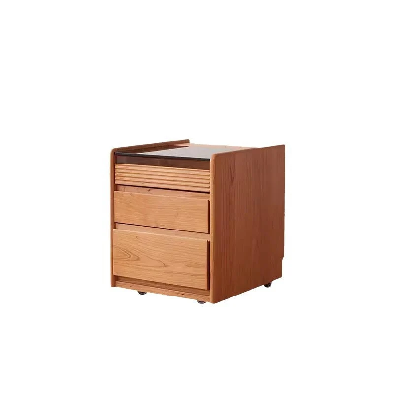 Traditional Vintage Square Glass Top Cherry Wood Frame End Table 3-Drawer For Living Room