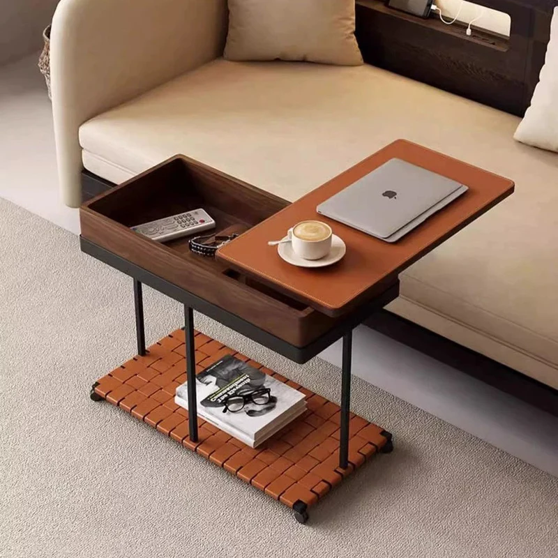 Traditional Vintage Removable Rectangle Solid Wood Iron Saddle-Style Faux Leather Side Table 2-Tier For Living Room