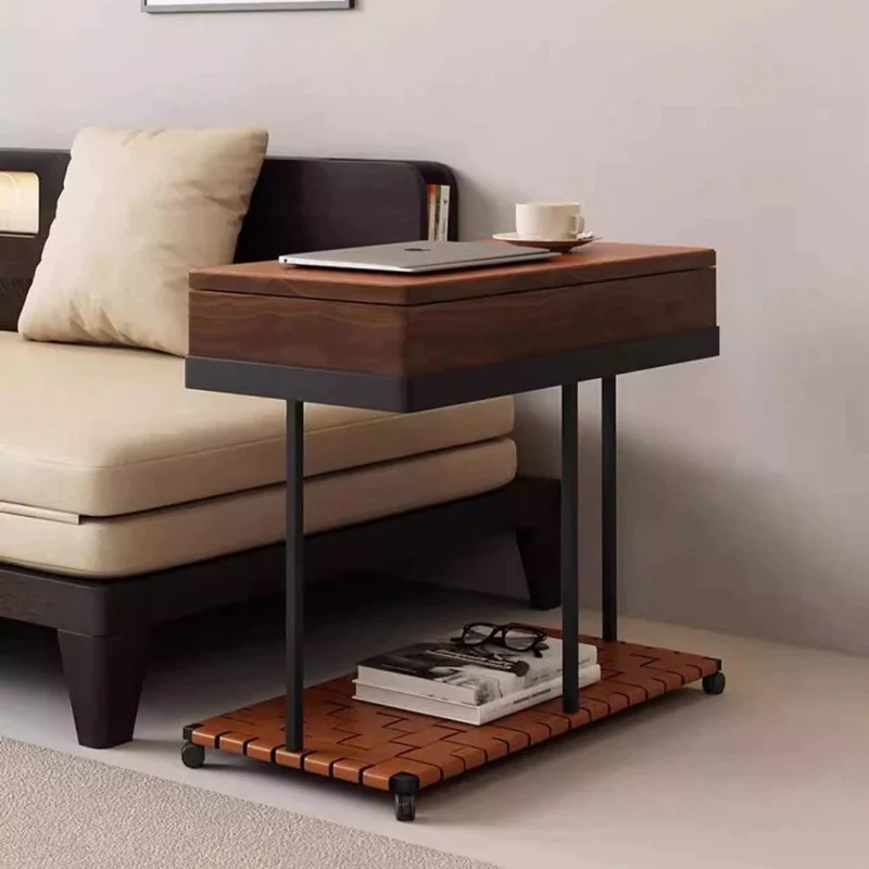 Traditional Vintage Removable Rectangle Solid Wood Iron Saddle-Style Faux Leather Side Table 2-Tier For Living Room