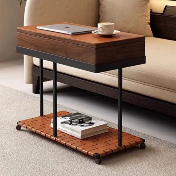 Traditional Vintage Removable Rectangle Solid Wood Iron Saddle-Style Faux Leather Side Table 2-Tier For Living Room