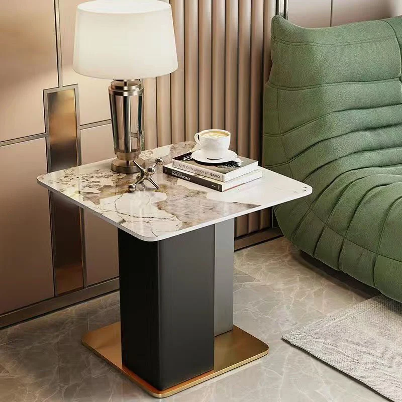 Contemporary Scandinavian Square Column Slate Microfiber Leather Wood Carbon Steel End Table For Living Room