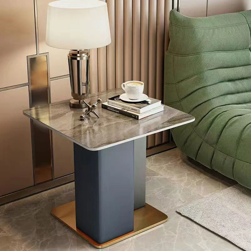 Contemporary Scandinavian Square Column Slate Microfiber Leather Wood Carbon Steel End Table For Living Room