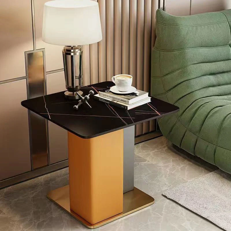 Contemporary Scandinavian Square Column Slate Microfiber Leather Wood Carbon Steel End Table For Living Room