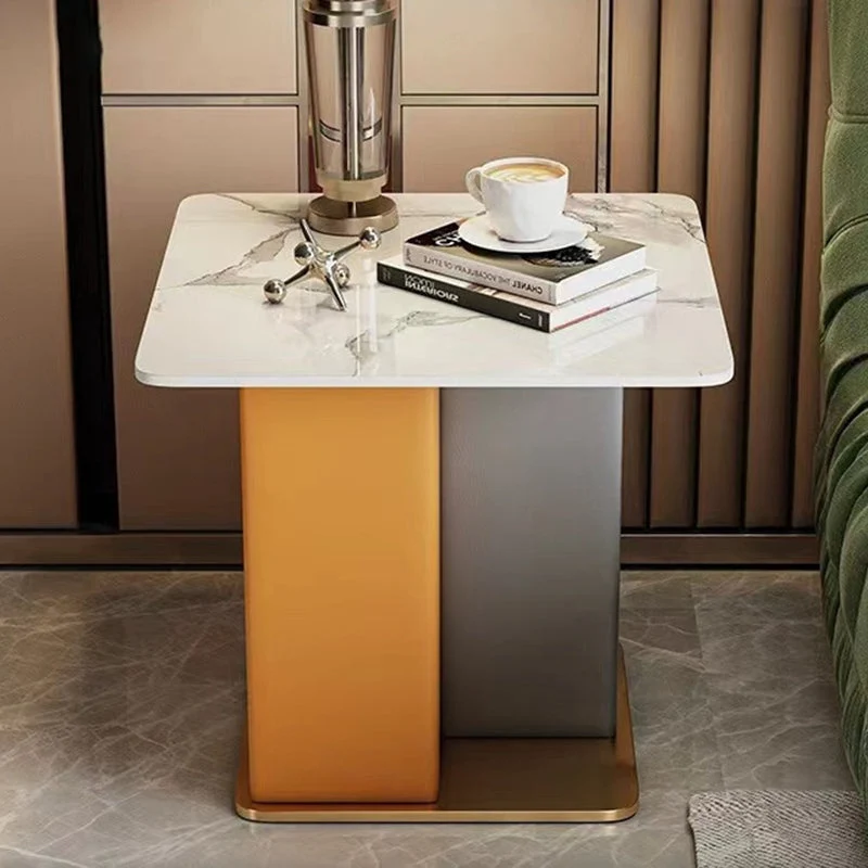 Contemporary Scandinavian Square Column Slate Microfiber Leather Wood Carbon Steel End Table For Living Room
