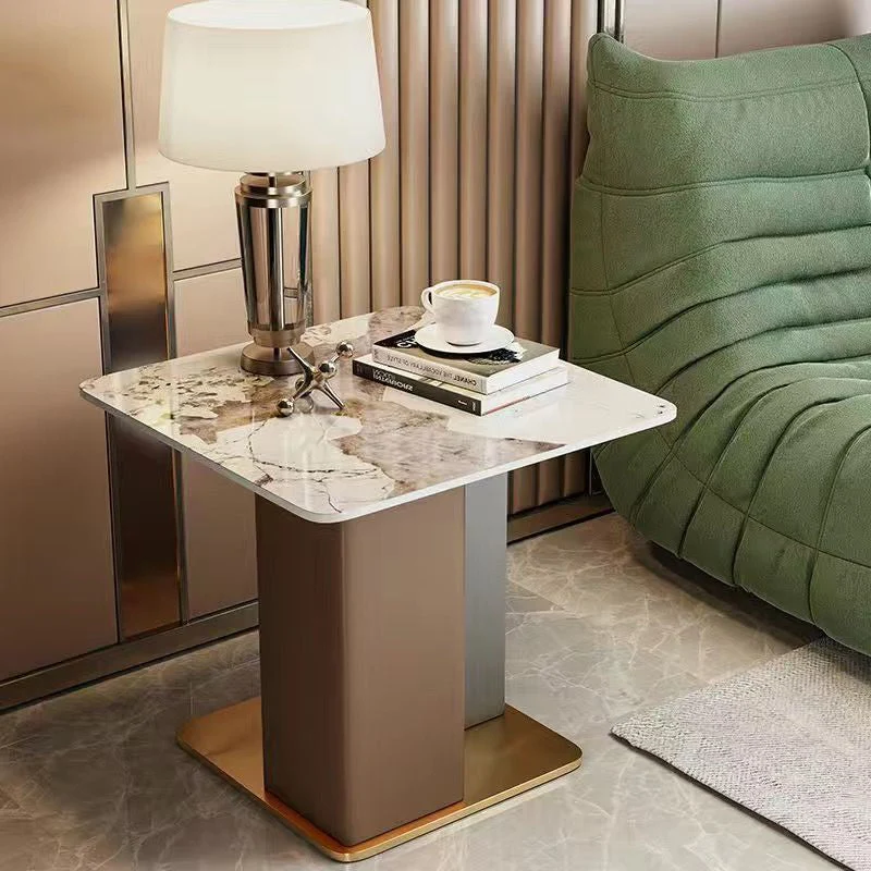 Contemporary Scandinavian Square Column Slate Microfiber Leather Wood Carbon Steel End Table For Living Room