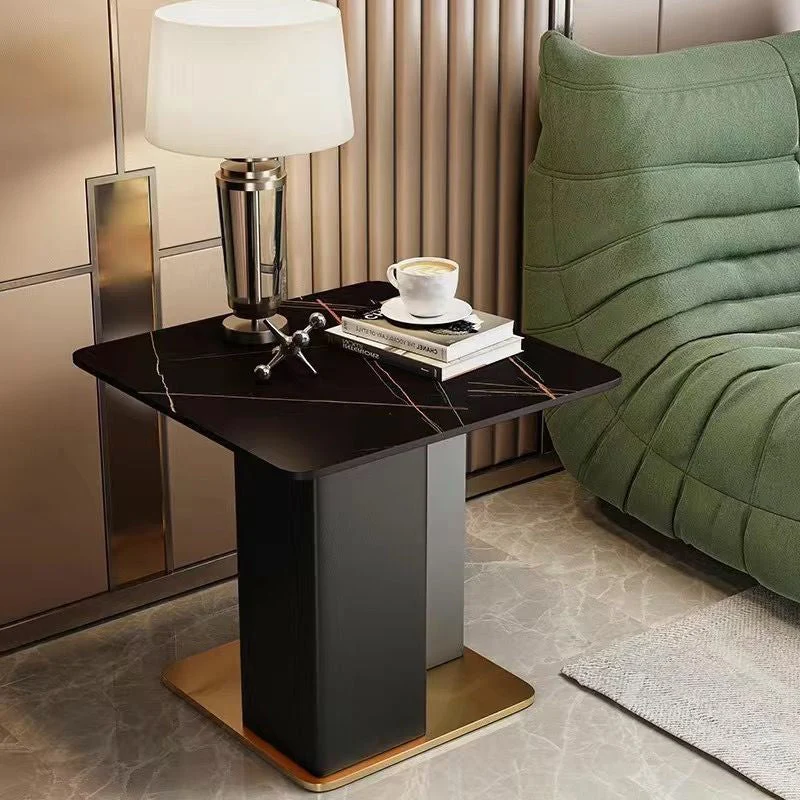 Contemporary Scandinavian Square Column Slate Microfiber Leather Wood Carbon Steel End Table For Living Room