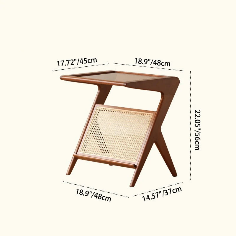 Traditional Japanese Weaving Rattan Glass Cherry Wood Ash Wood Rectangular Side Table 1-Shelf For Living Room