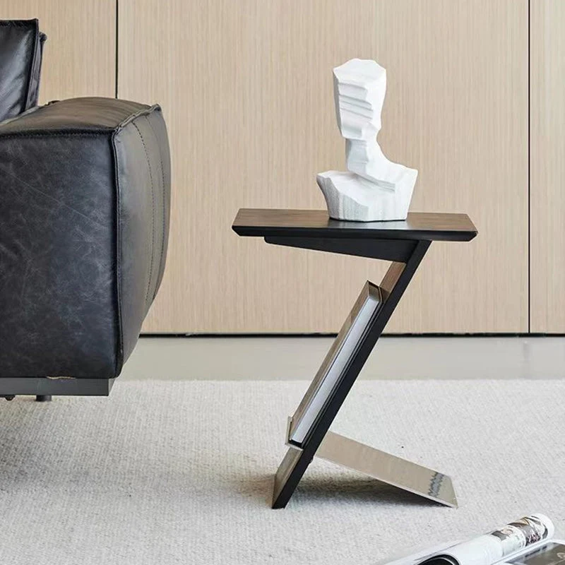 Modern Minimalist Rectangle Z-Shape Stainless Steel Ash Wood End Table For Living Room
