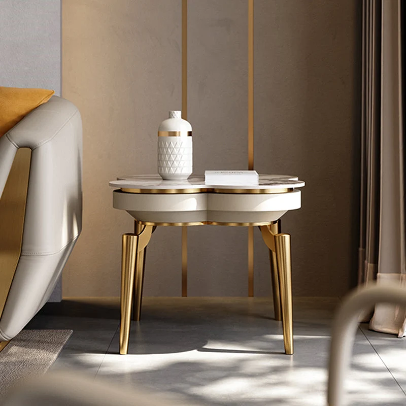 Modern Luxury Clover Round Pandora Rock Slab Stainless Steel Side Table 4-Leg For Living Room