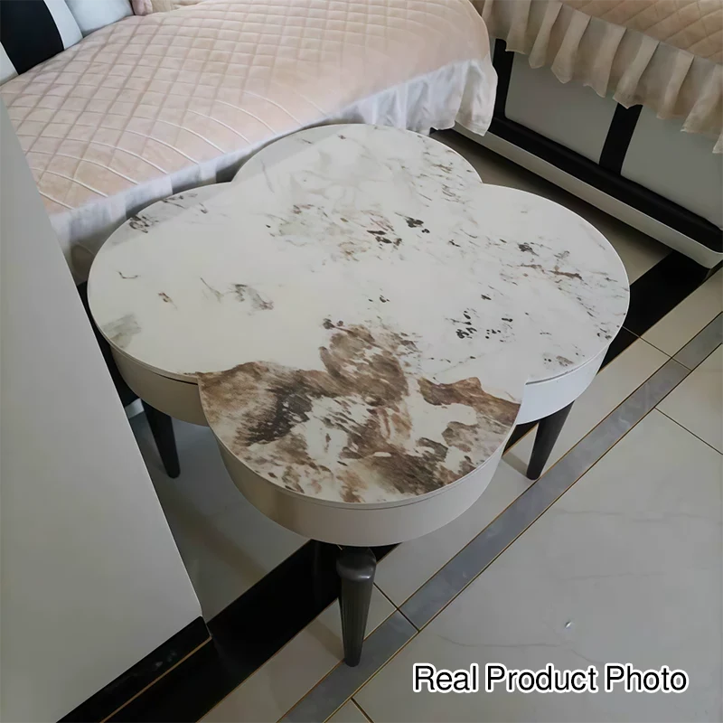 Modern Luxury Clover Round Pandora Rock Slab Stainless Steel Side Table 4-Leg For Living Room