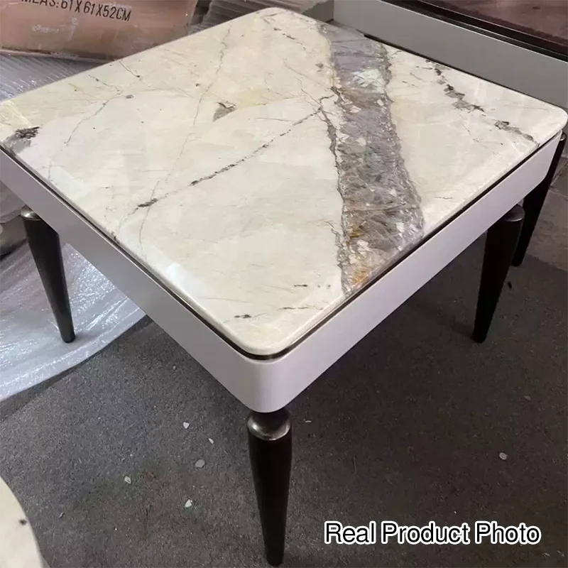 Modern Luxury Clover Round Pandora Rock Slab Stainless Steel Side Table 4-Leg For Living Room