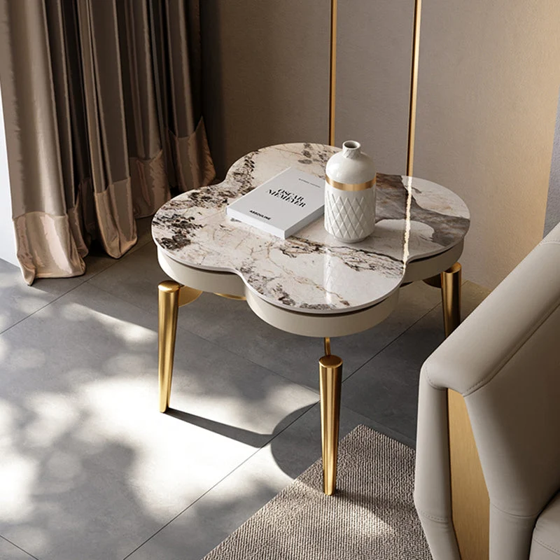 Modern Luxury Clover Round Pandora Rock Slab Stainless Steel Side Table 4-Leg For Living Room
