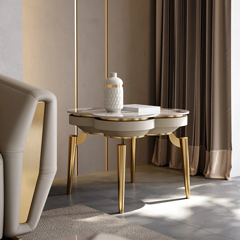 Modern Luxury Clover Round Pandora Rock Slab Stainless Steel Side Table 4-Leg For Living Room