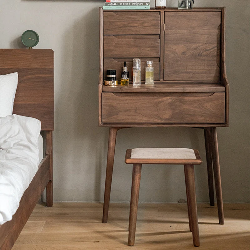 Traditional Chinese Rectangular Walnut Wood Paulownia Wood Nightstand 5-Drawer For Bedroom
