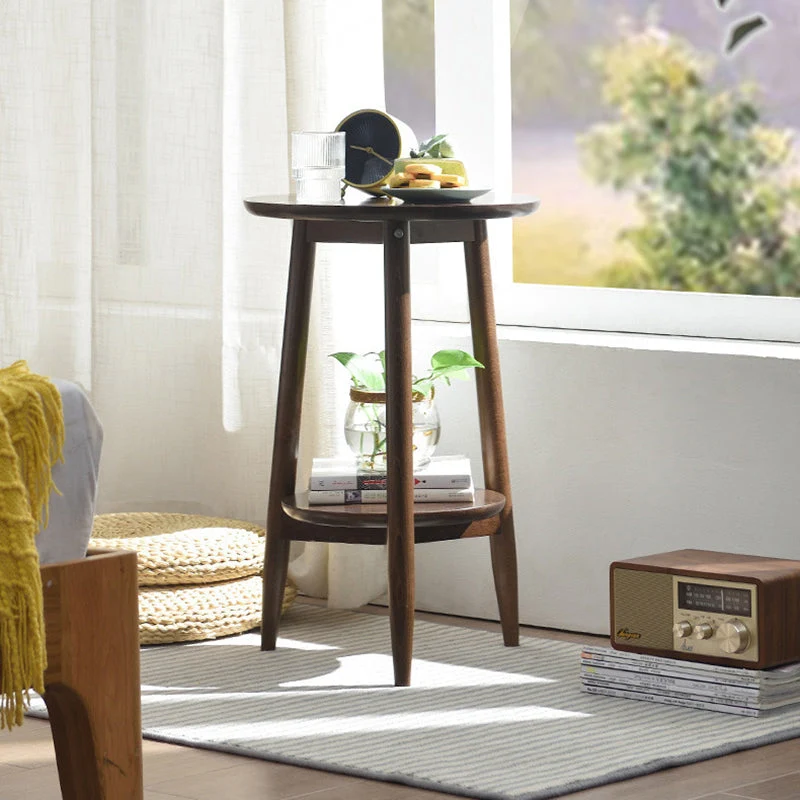 Contemporary Scandinavian Round Tabletop Rubberwood Side Table 1-Shelf For Living Room