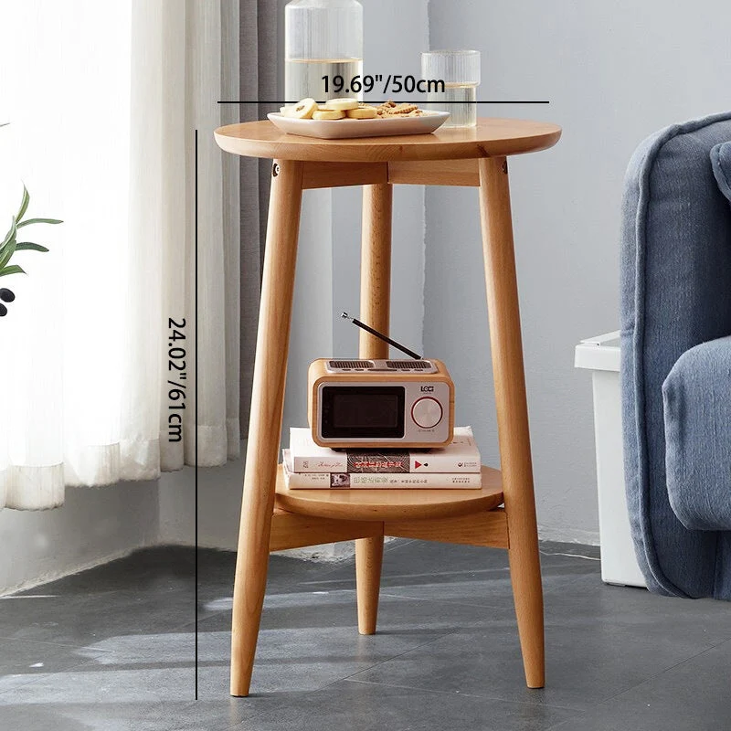 Contemporary Scandinavian Round Tabletop Rubberwood Side Table 1-Shelf For Living Room