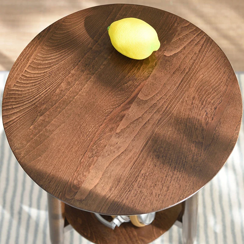 Contemporary Scandinavian Round Tabletop Rubberwood Side Table 1-Shelf For Living Room
