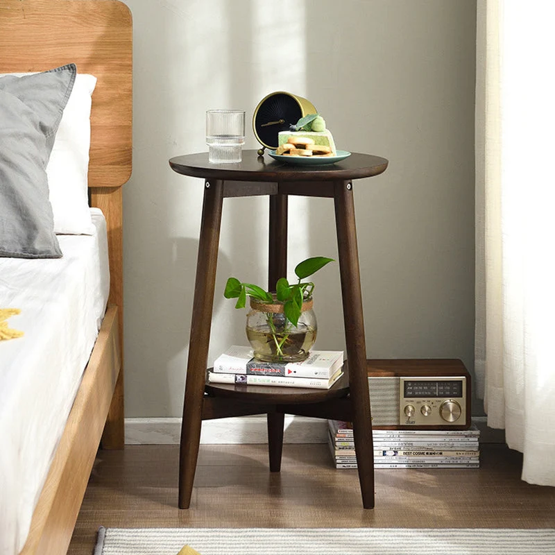 Contemporary Scandinavian Round Tabletop Rubberwood Side Table 1-Shelf For Living Room