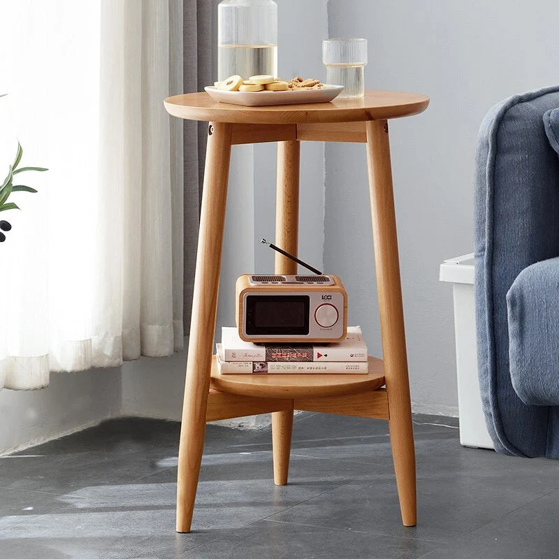 Contemporary Scandinavian Round Tabletop Rubberwood Side Table 1-Shelf For Living Room