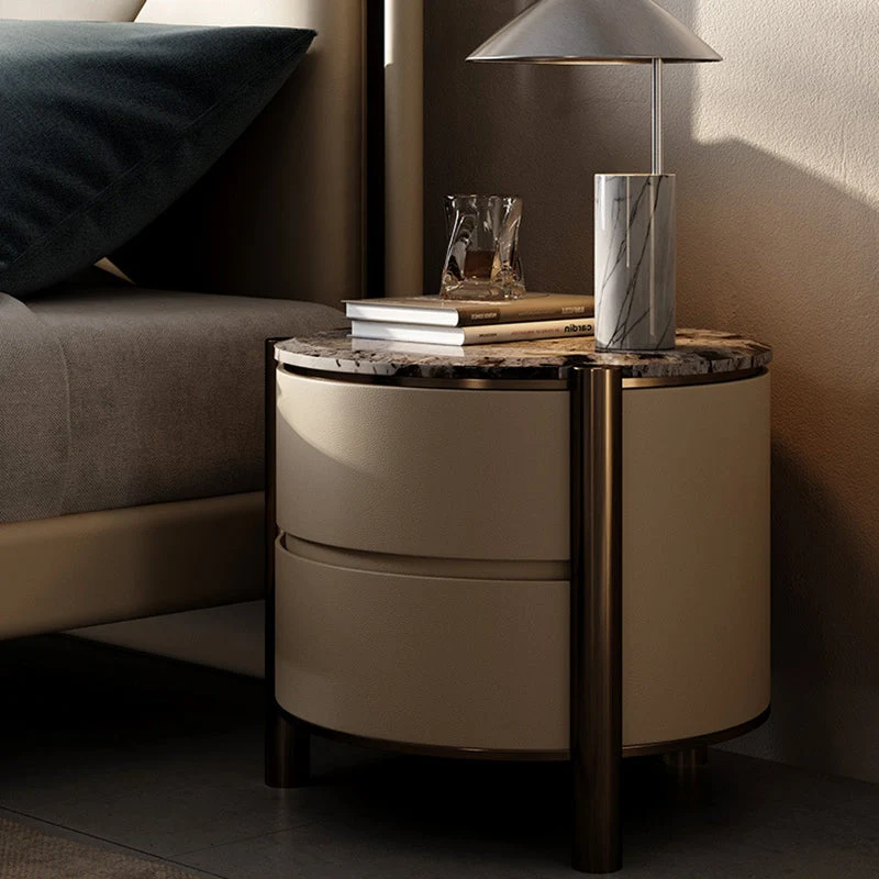 Modern Luxury Round Tabletop Marble Plywood Stainless Steel Microfiber Leather Nightstand 2-Drawer For Bedroom