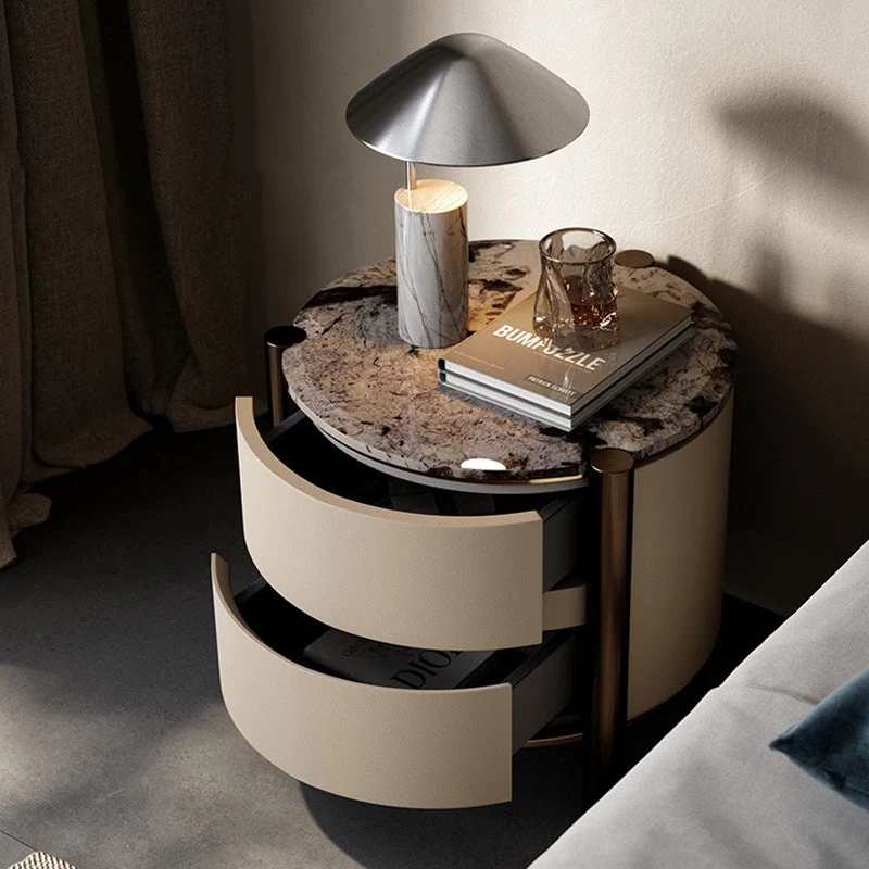 Modern Luxury Round Tabletop Marble Plywood Stainless Steel Microfiber Leather Nightstand 2-Drawer For Bedroom