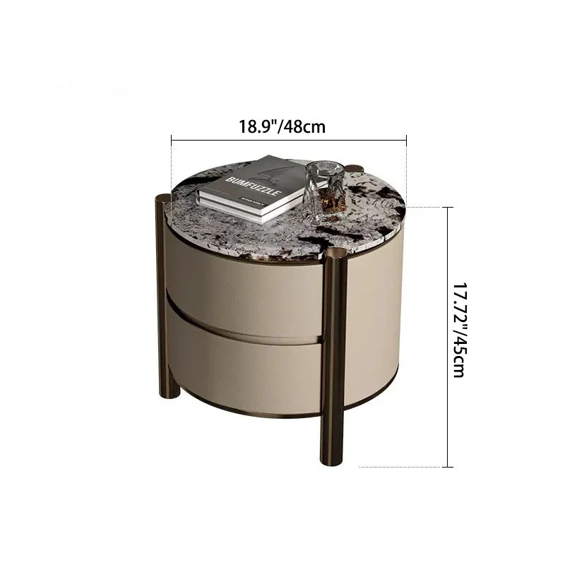 Modern Luxury Round Tabletop Marble Plywood Stainless Steel Microfiber Leather Nightstand 2-Drawer For Bedroom