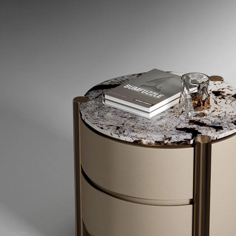 Modern Luxury Round Tabletop Marble Plywood Stainless Steel Microfiber Leather Nightstand 2-Drawer For Bedroom