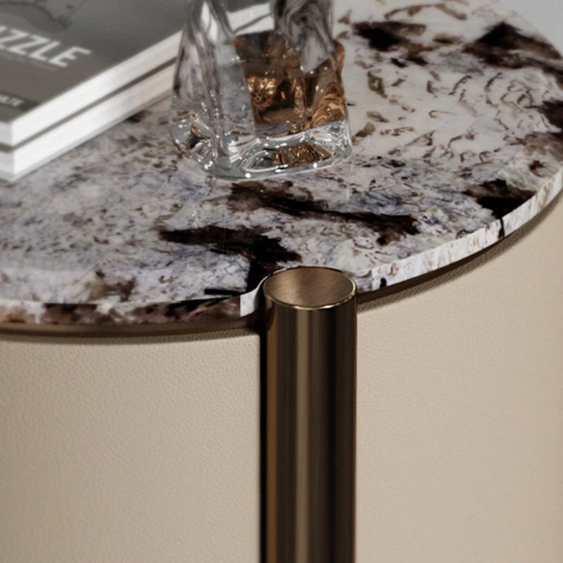 Modern Luxury Round Tabletop Marble Plywood Stainless Steel Microfiber Leather Nightstand 2-Drawer For Bedroom
