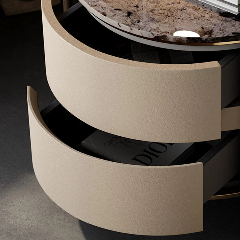 Modern Luxury Round Tabletop Marble Plywood Stainless Steel Microfiber Leather Nightstand 2-Drawer For Bedroom
